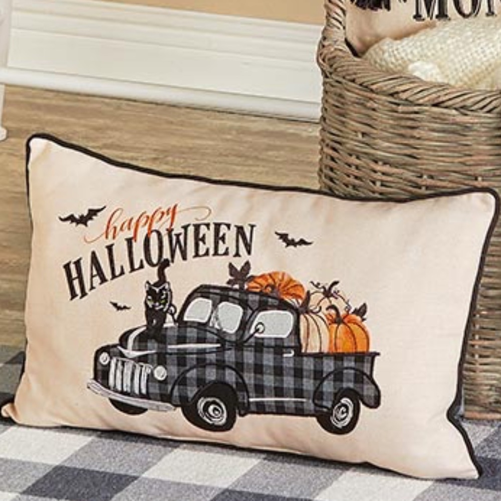 Happy Halloween Vintage Farm Truck w Black Cat Pumpkins Decorative Pillow New - Picture 2 of 2